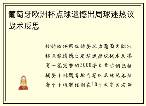 葡萄牙欧洲杯点球遗憾出局球迷热议战术反思