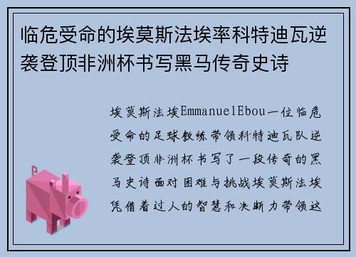 临危受命的埃莫斯法埃率科特迪瓦逆袭登顶非洲杯书写黑马传奇史诗 临危受命的埃莫斯法埃率科特迪瓦逆袭登顶非洲杯书写黑马传奇史诗